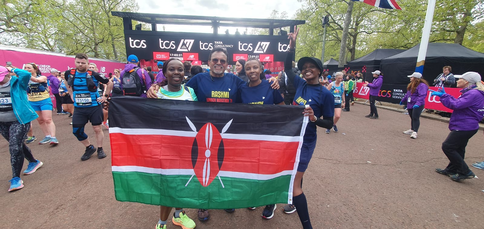 A team of Kenyan runners at the finish line of the London Marathon.