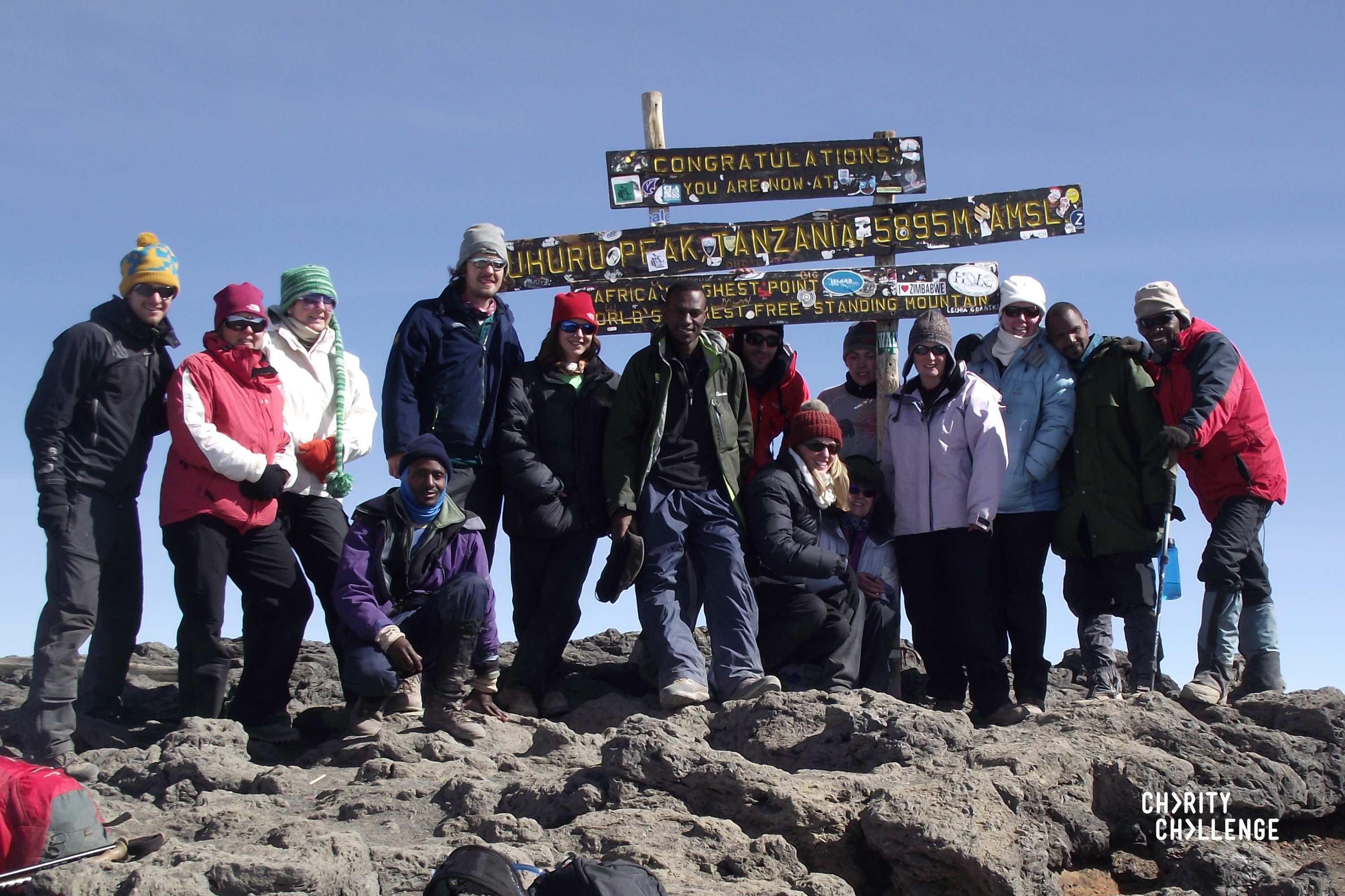 Hikers at the sumit of Kilimanjaro.